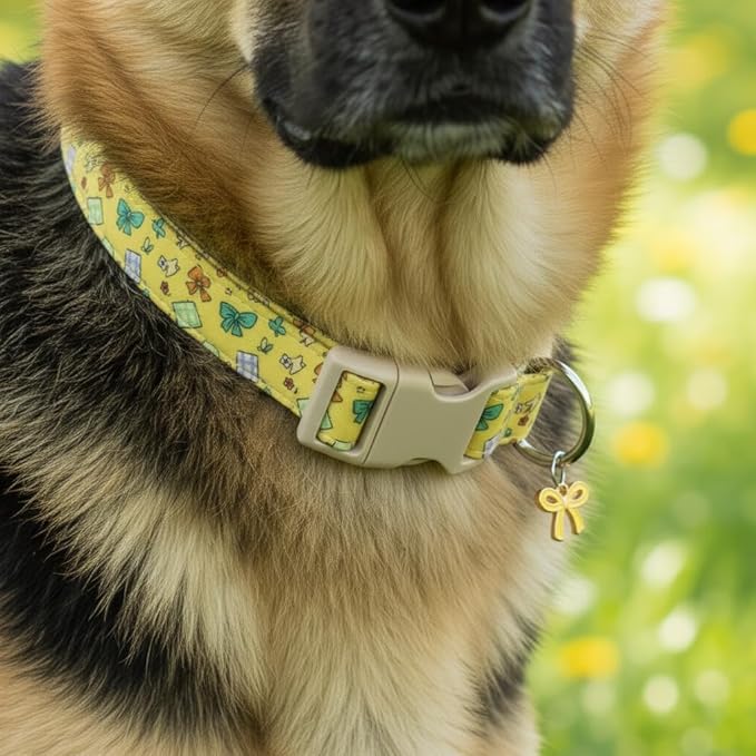 Britwicfr Small Dog Collar with Cute Bowtie Print, Girl Dog Collar for Puppy, Extra Small & Small Dogs, Spring Summer Yellow Puppy Collar with Pendant and Soft Fabric, XS
