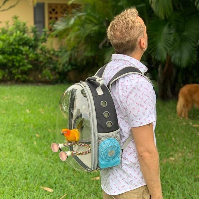 Bird Traval Carrier Cage, Polarized Tinted Blue Space Capsule Astronaut Backpack to Carry Parakeet Cockatiel Parrot with Bird Feeder Metal Tray Wood Perch, Vet Transport Bag