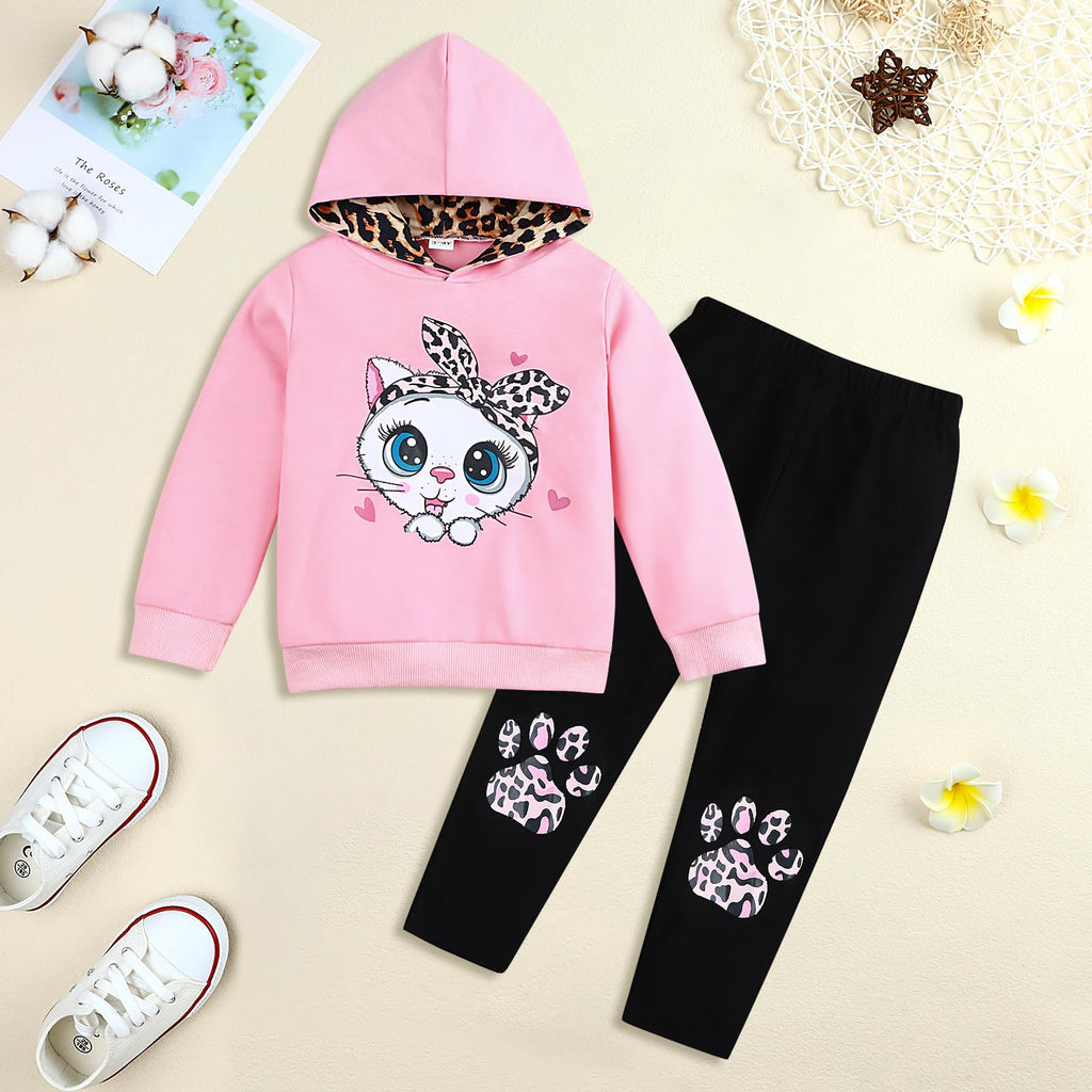 Axumity Toddler Girl Clothes Cat Print Pullover Sweatshirt + Leopard Print Pant 2-Piece Kid Girl Fall Winter Pants Set(5-6T)