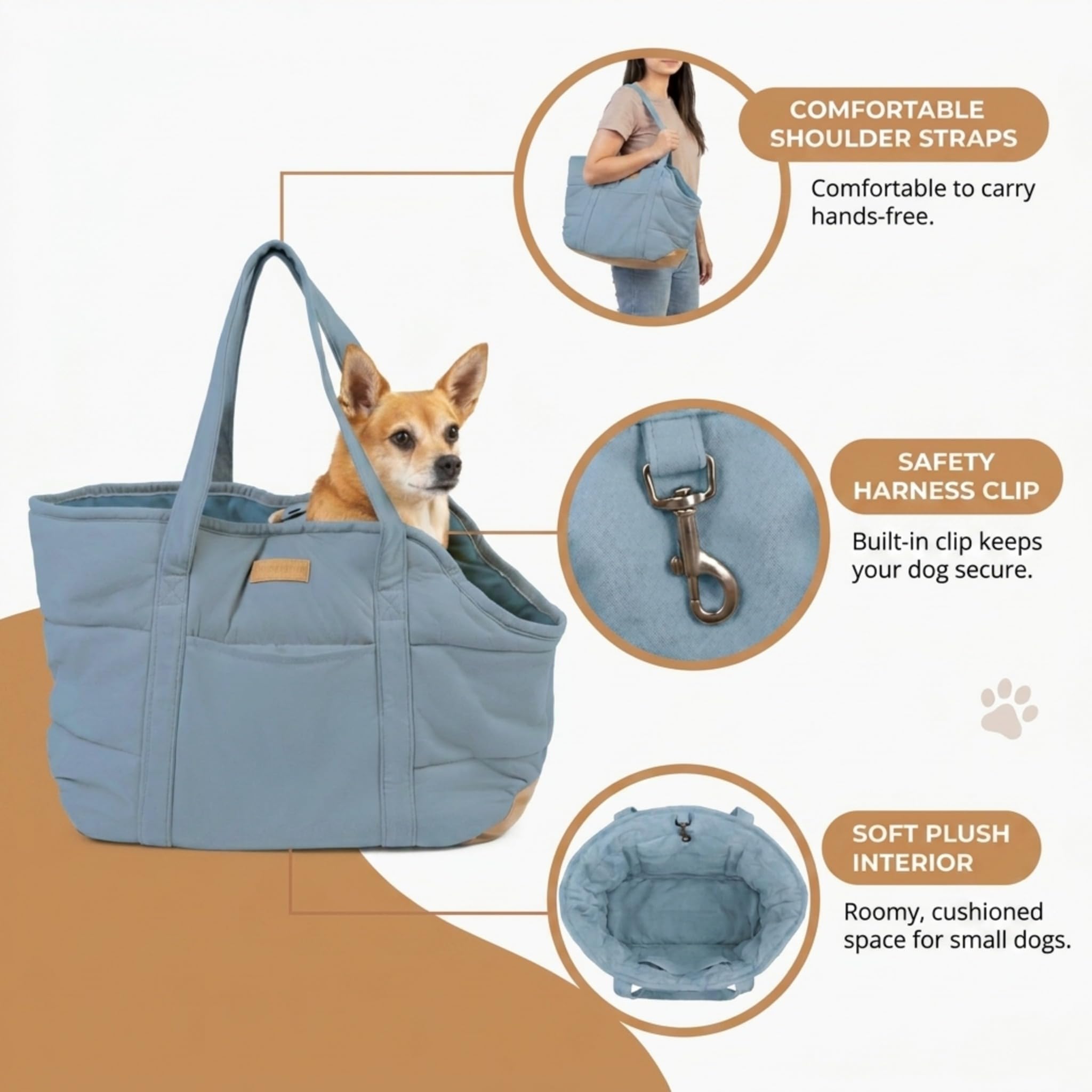 NoblePup Plush Dog Purse Carrier for Small Dogs, Soft Dog Tote Bag with Safety Harness Clip, Cozy Pet Carrier for Dogs Under 15 lbs, Comfortable Dog Shoulder Carrier for Travel, Light Blue