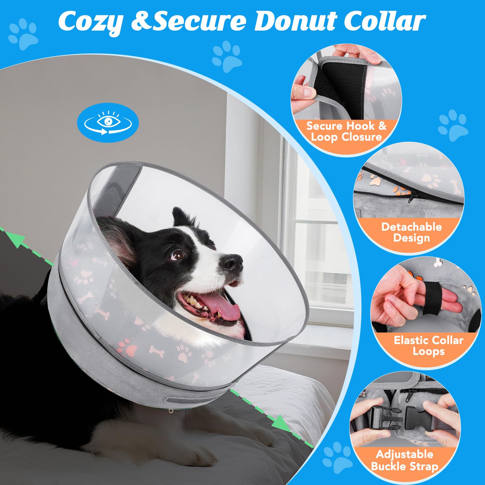 Didopet Inflatable Dog Cone with Anti-Licking Clear Shield,Fits Medium Dogs