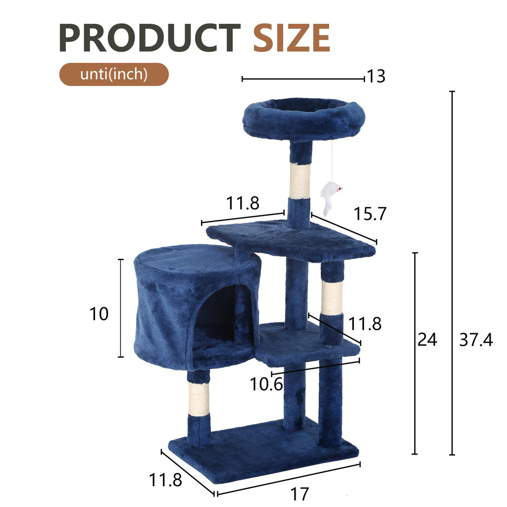 FDW | 36" Cat Tree Tower | Navy Blue | Multi-Level Indoor Activity Center with Sisal Scratching Posts, Condos, Plush Perches, Hanging Cat Toys | Sturdy, Easy to Assemble | for Kittens & Adult Cats