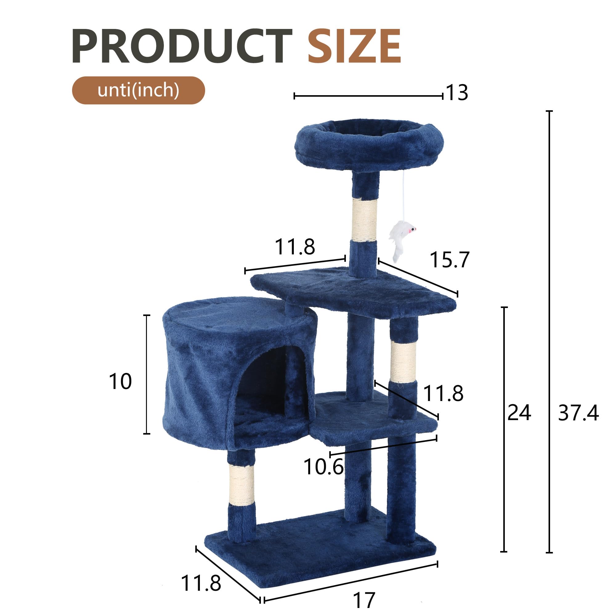 FDW | 36" Cat Tree Tower | Navy Blue | Multi-Level Indoor Activity Center with Sisal Scratching Posts, Condos, Plush Perches, Hanging Cat Toys | Sturdy, Easy to Assemble | for Kittens & Adult Cats