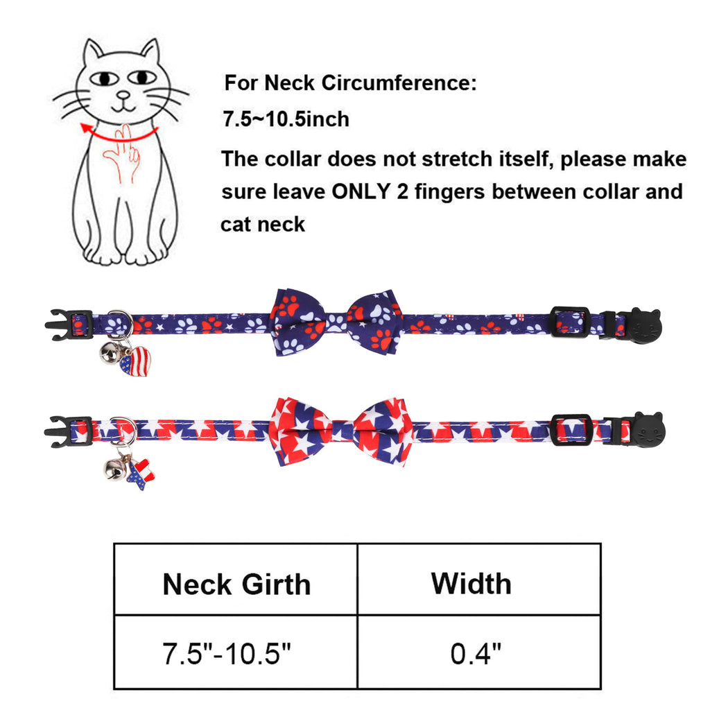 ADOGGYGO American Flag Cat Collar Breakaway with Bow Tie Bell - 2 Pack 4th of July Kitten Collar with Removable Bowtie Red Blue American Flag Collars for Cat Kitten