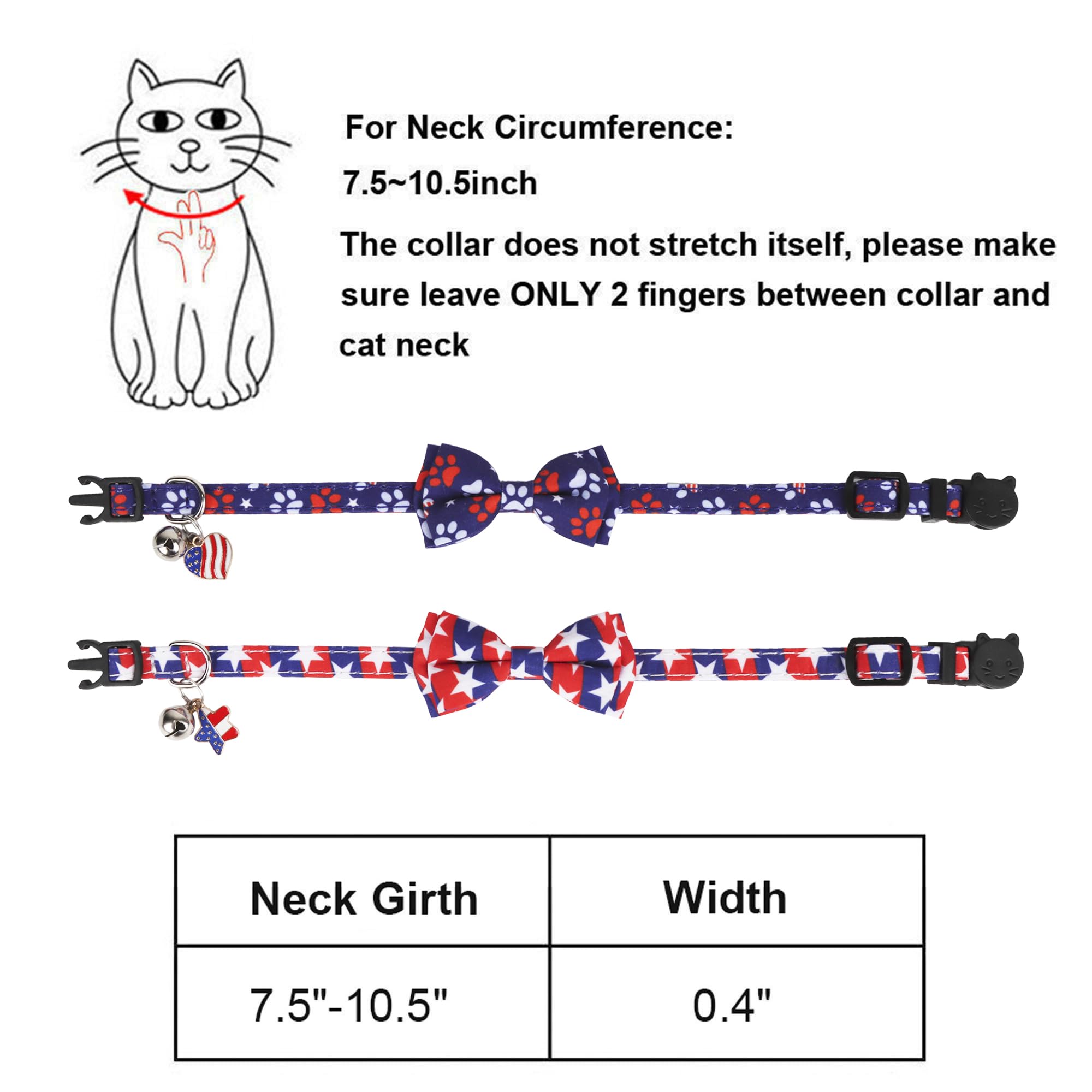 ADOGGYGO American Flag Cat Collar Breakaway with Bow Tie Bell - 2 Pack 4th of July Kitten Collar with Removable Bowtie Red Blue American Flag Collars for Cat Kitten