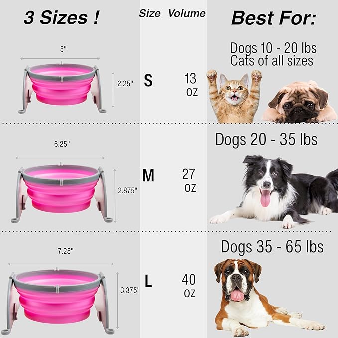 Loving Pets Bella Roma Collapsible Dog Bowls - Silicone Dog Bowls, Foldable Bowl, Puppy Essentials & Hiking Pet Supplies Great for Home & Travel (Pink, Large)