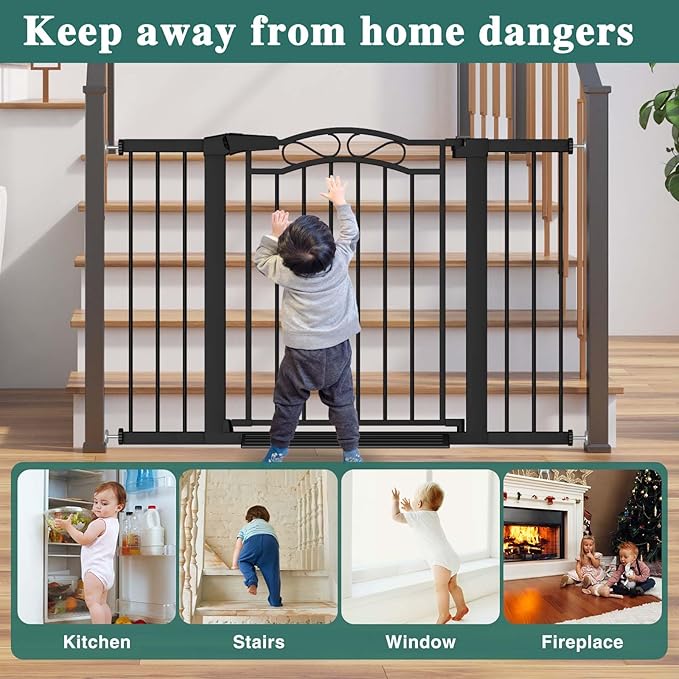 Fairy Baby 59.9"-62.5" Extra Wide Baby Gate with Door, 60 61 62 Inches Walk THR Baby Gates for Stairs Pressure Mounted no Drill, Indoor Tension Metal Child Pet Dog Safety Gate for Kids, Black