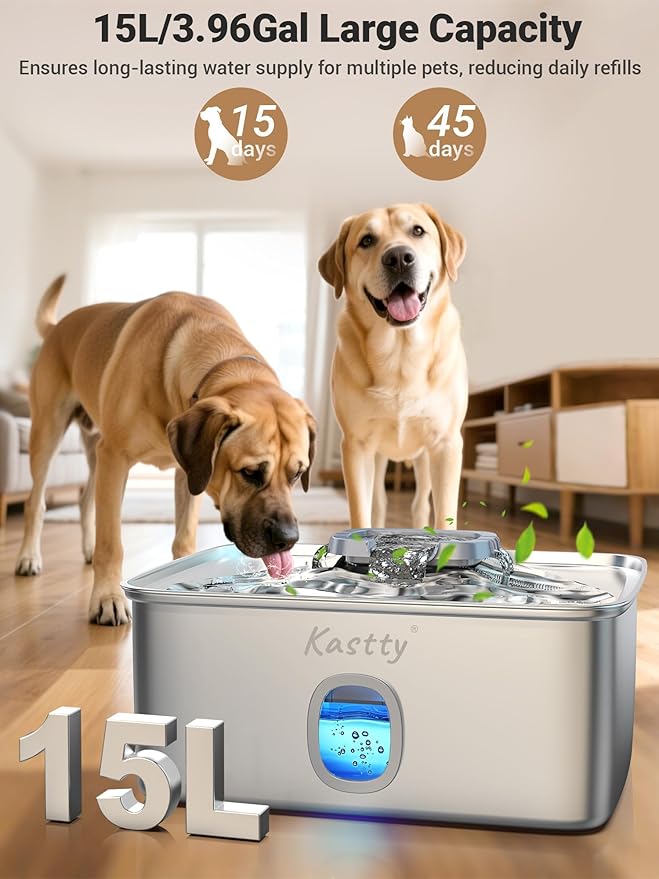Kastty 4 Gal/15L Stainless Steel Dog Water Fountain for Large Dogs