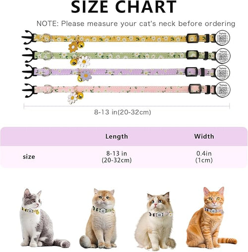 4 PCS Cute Flower Cat Collar with QR Code ID, 4-Pack Safety Breakaway Kitten Collars Set with Bell, Adjustable Gift for Cat Lovers