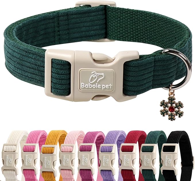 Babole Pet Cute Corduroy Dog Collar - Forest Green Adjustable Dog Collars for Medium Dogs 25-50lbs, Fade-Proof with Secure Snap & Little Charm, Christmas Birthday Gift, M