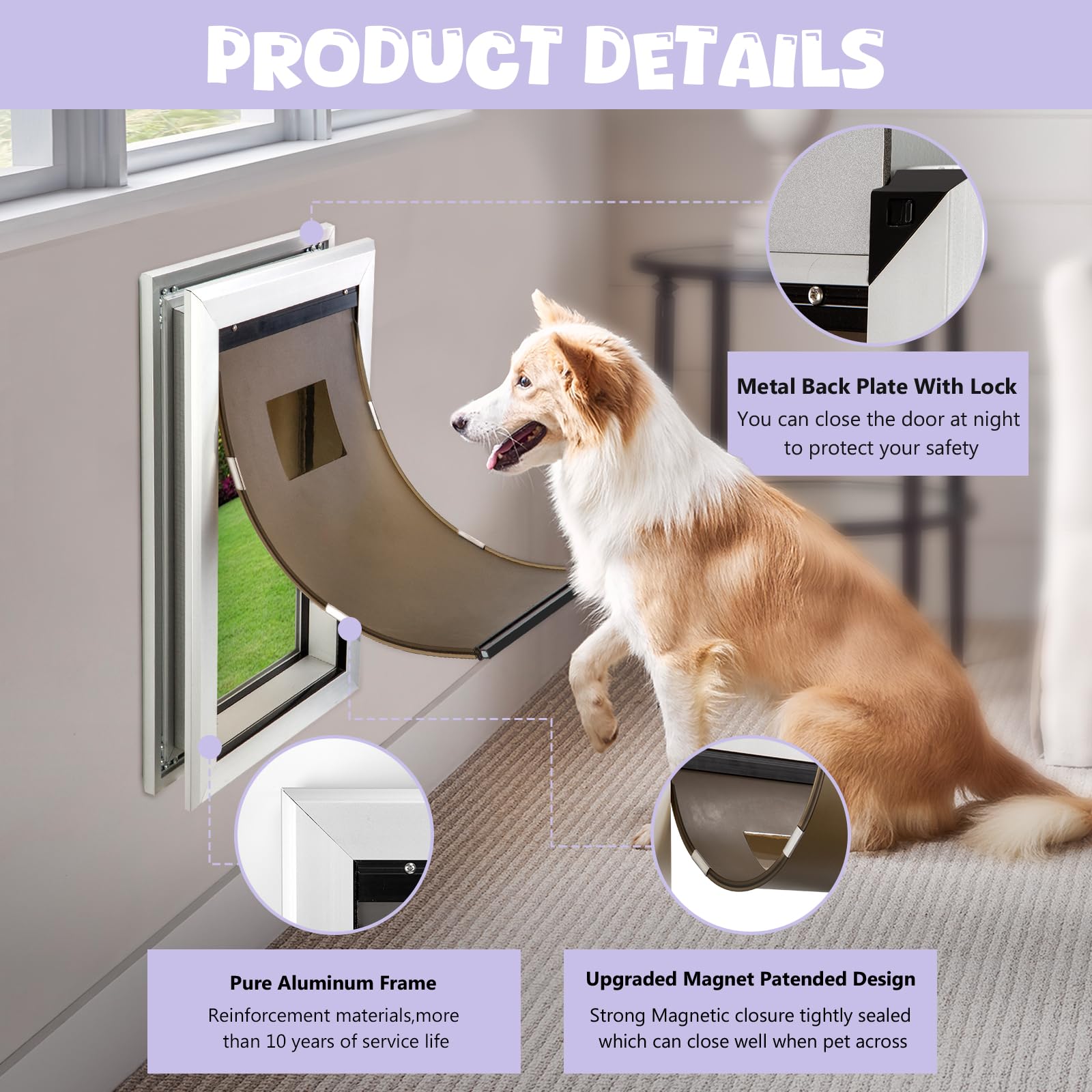 Rseord Durable Pet Door, Aluminum Door for Dog and Pets, X-Large Doggie Door with Automatic Closing Magnetic Flaps, Ideal for Interior and Exterior Doors, Screen and Wall, Weather Resistant
