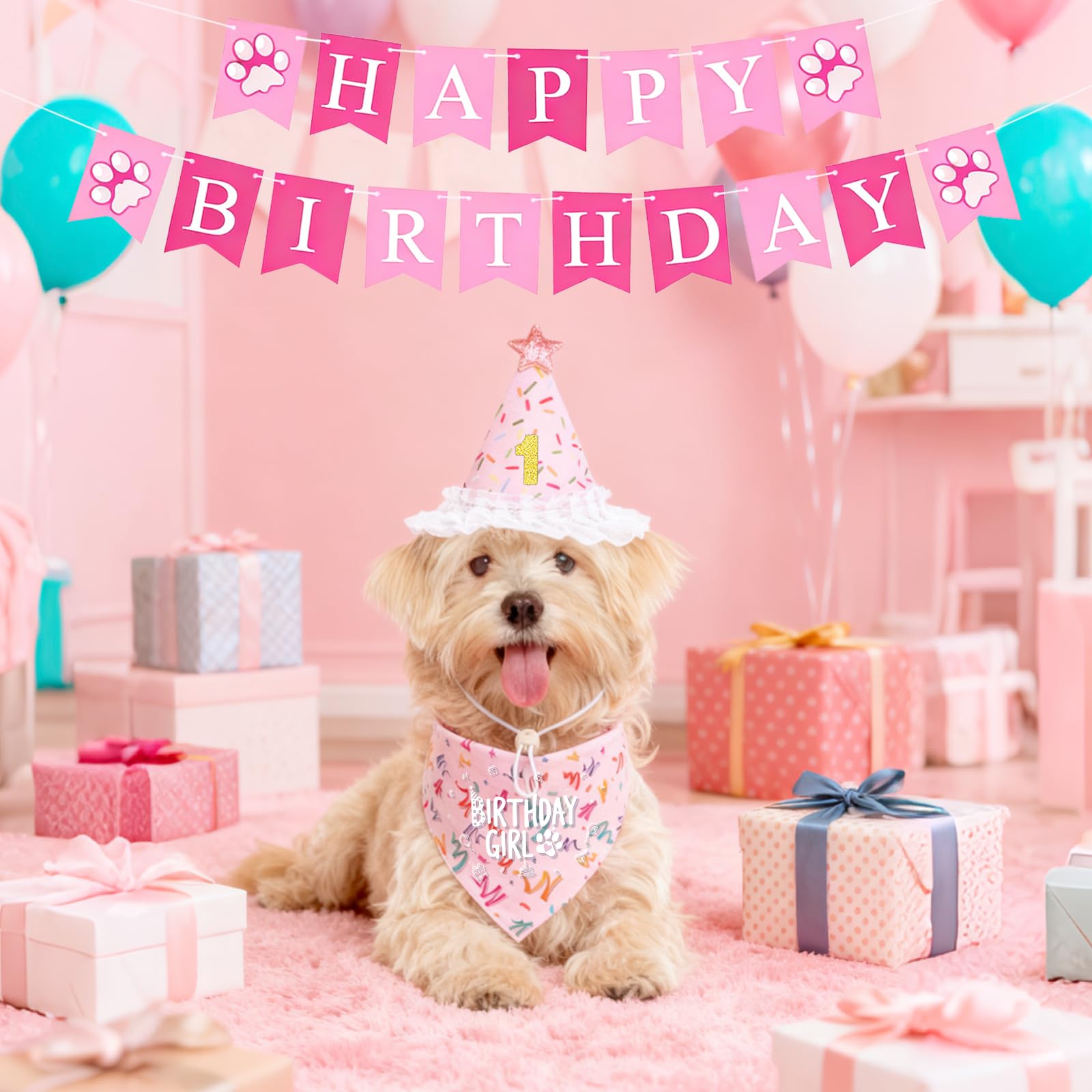 Dog Birthday Party Decorations, Adjustable Dog Bandana Set with Hat, Numbers, Banner for Pet Party Supplies Festive Accessories Large Medium Small Pet Puppy Dogs, Pink