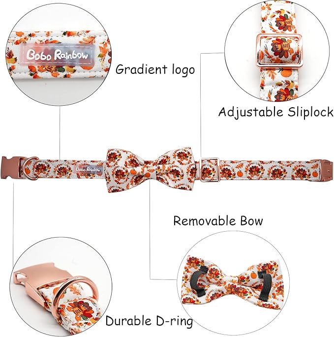 Dog Collar - Thanksgiving Turkey Bowtie Gift, Soft Bow Adjustable Metal Buckle for Small Dogs
