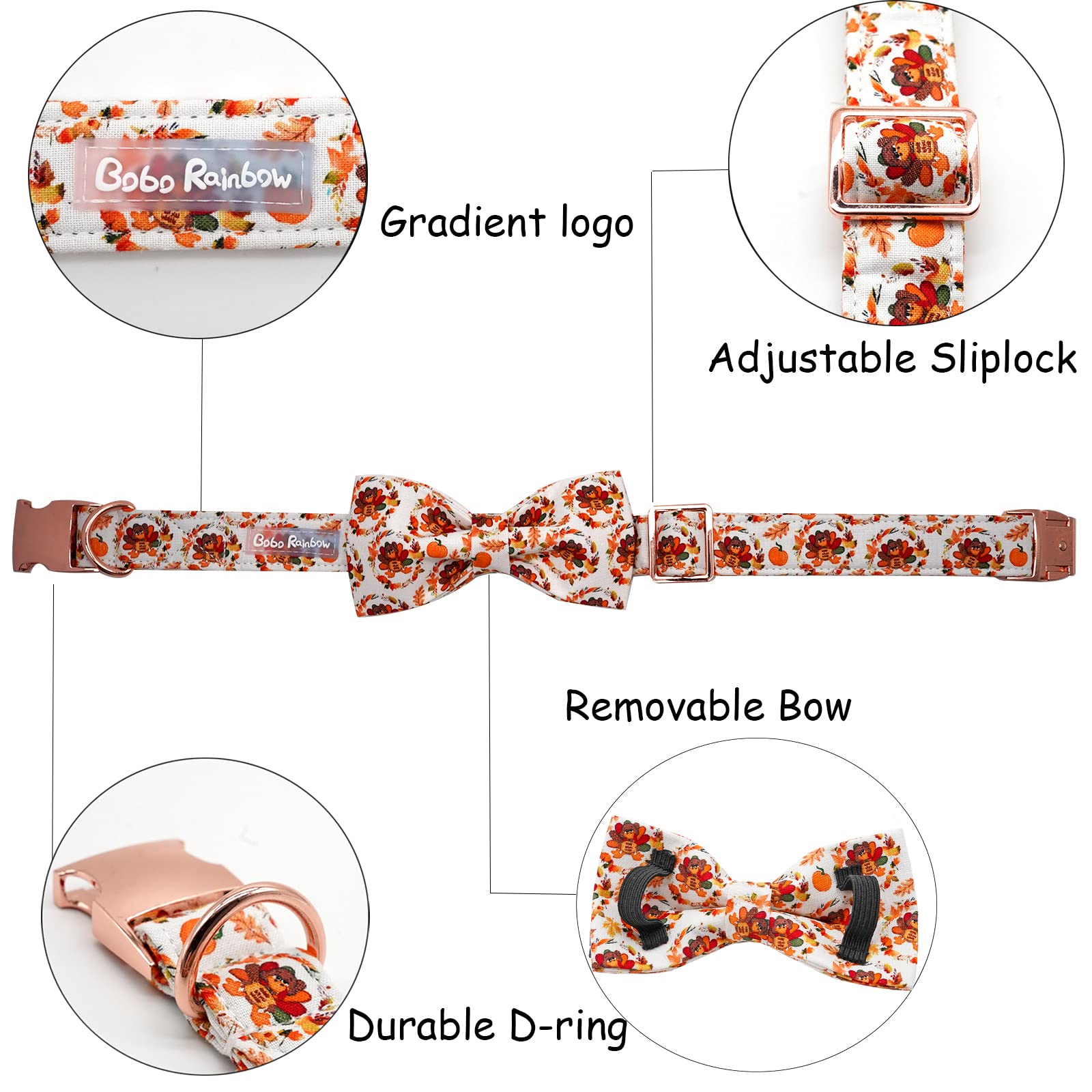 Bobo Rainbow Dog Collar - Thanksgiving Turkey Bowtie Gift, Soft Bow Adjustable Metal Buckle for Small Dogs