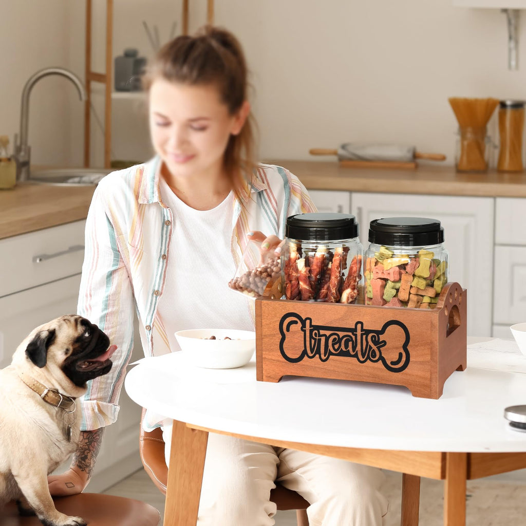 Dog Treat Container Dog Food Container for Dog Food Storage, Farmhouse Cat Food Container Pet Food Storage Organizer, Wood Dog Treat Holder with 2 Plastic Cat Dog Treat Jars, Brown Cat Treat Container