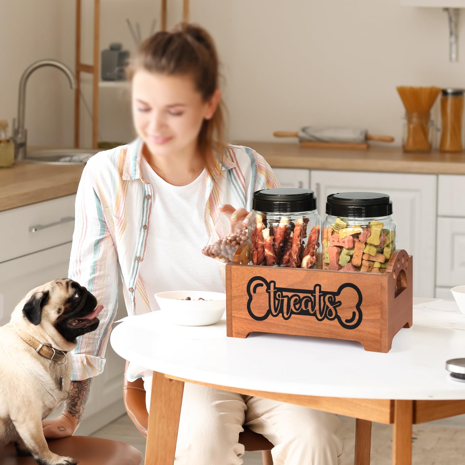 Dog Treat Container Dog Food Container for Dog Food Storage, Farmhouse Cat Food Container Pet Food Storage Organizer, Wood Dog Treat Holder with 2 Plastic Cat Dog Treat Jars, Brown Cat Treat Container