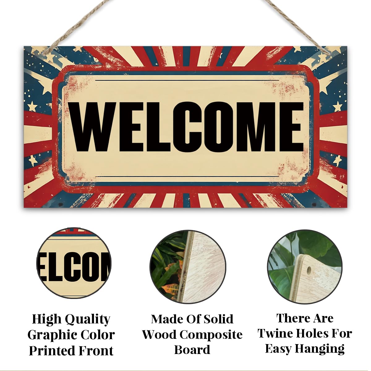 Welcome Sign for Front Door, Welcome Decor Wooden Hanging Sign for Wall Decor, Retro America Wall Hanging Signs, Funny Wooden Outdoor Front Door Decoration 13.8X6.9 inches