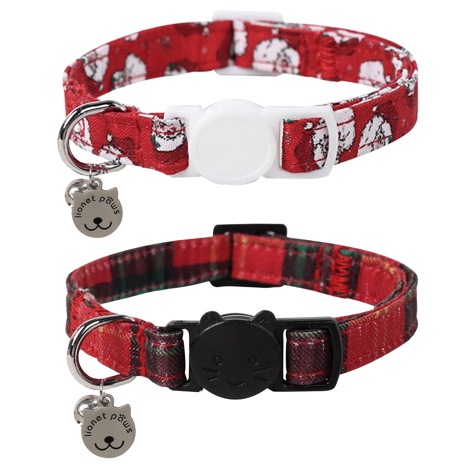Lionet Paws 2pcs Pack Cotton Cat Collar,Breakaway Buckle Christmas Cat Colar with Santa,Red Green Grid Cute Adjustable Cat Kitten Collar,Ideal for Girl Cats Boy Cats