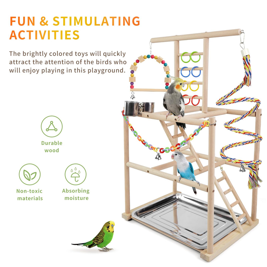 HPAWHOMEPART Bird Playground, Parrots Playstand for Small to Medium Birds, Perch Stand with 3 Ladders Playgym with Rope Perch, Swings Feeder Cups Bird Cage Accessories for Conure Cockatiel Lovebirds
