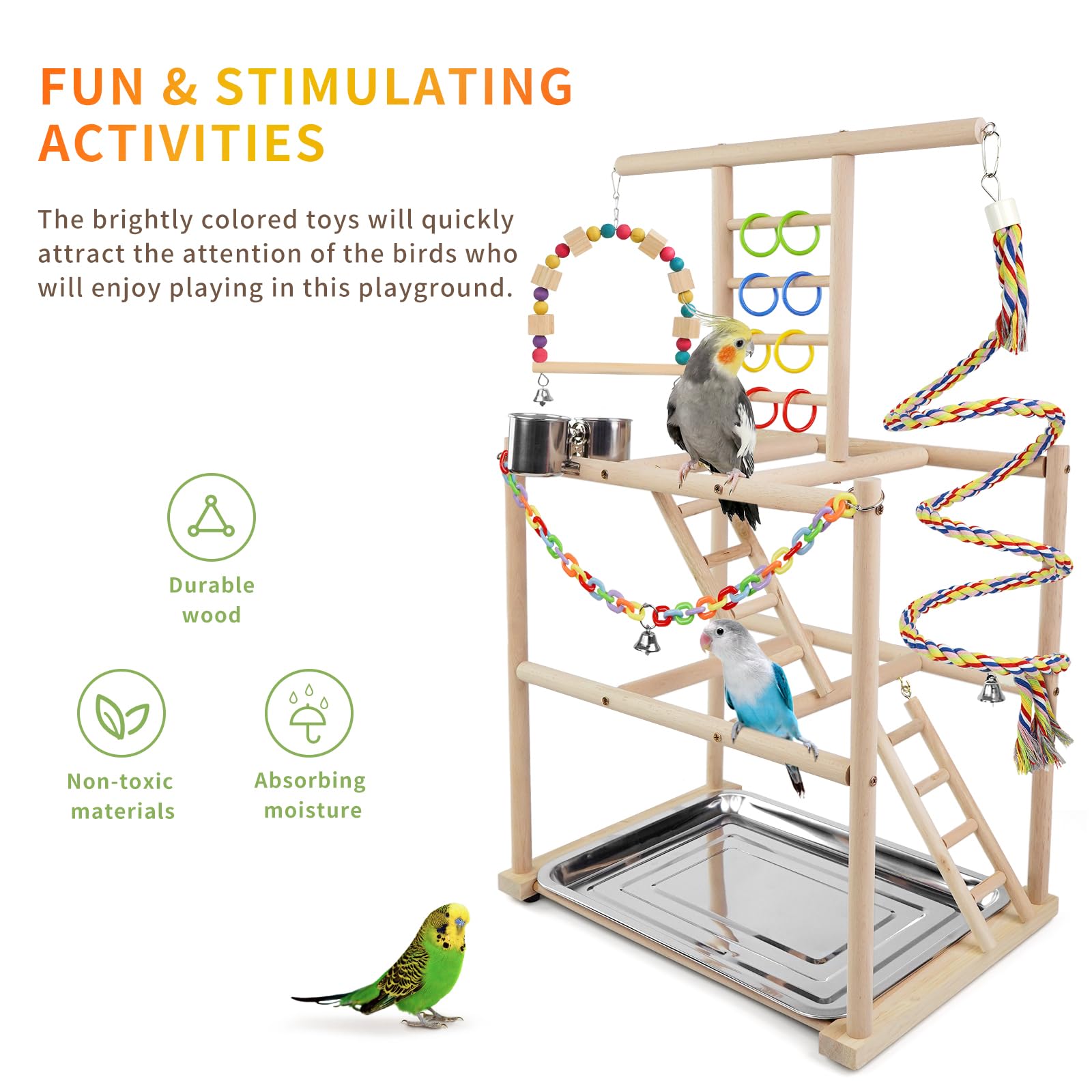 HPAWHOMEPART Bird Playground, Parrots Playstand for Small to Medium Birds, Perch Stand with 3 Ladders Playgym with Rope Perch, Swings Feeder Cups Bird Cage Accessories for Conure Cockatiel Lovebirds