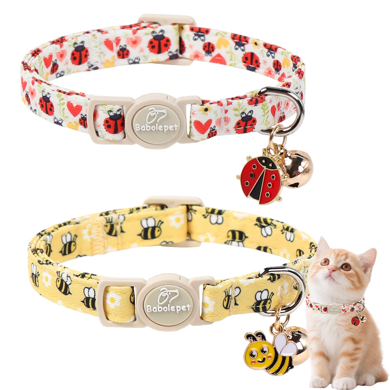 Babole Pet 2 Pack Cute Cat Collars - Cartoon Bee Ladybug Breakaway Cat Collar with Bell & Matching Pendant, Adjustable Spring Summer Kitten Collars for Boy Girl Cats