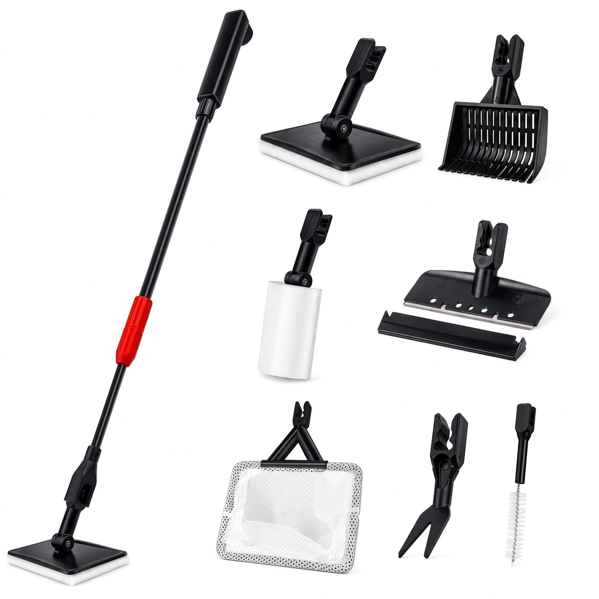 FISORAS Aquarium Cleaning Tools, 7 in 1 Fish Tank Cleaning Kit with Adjustable Long Handle,Aquarium Sponge Brush and Fish Net