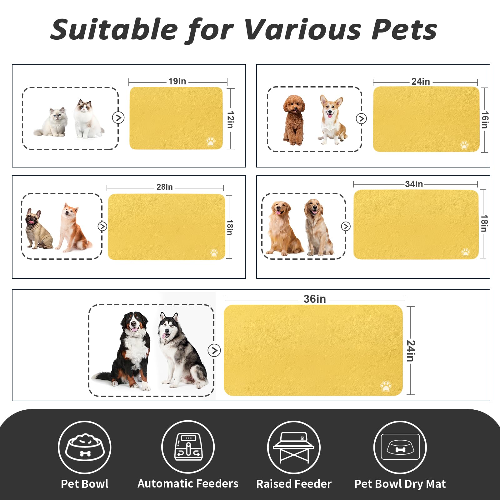 HotLive Dog Food Mat - Absorbent Cat Mat for Food and Water, No Stains Pet Feeding Bowl Mat, Easy to Clean Pet Placemats, Quick Dry Dog Water Dispenser Mat for Messy Drinkers | Paw Yellow 18"x 28"