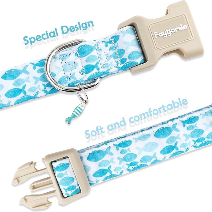 Faygarsle Fish Pattern Dog Collar, Blue and White, Summer Design for Small Medium Large Dogs, XS