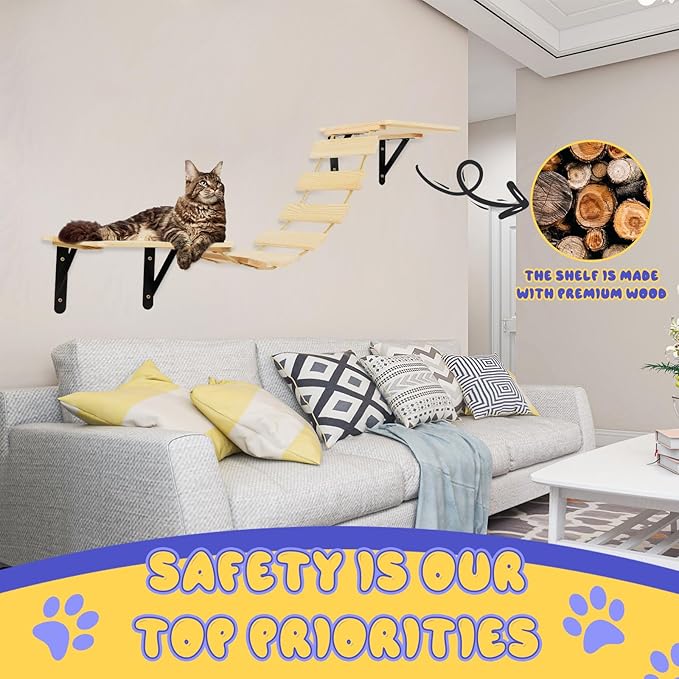 TIMIEEYA Cat Wall Shelves - Stable & Safe 5 in 1 Cat Walls Furniture Set, Wooden Kitten Climbing Wall with Bridge Ladder & Wall Steps
