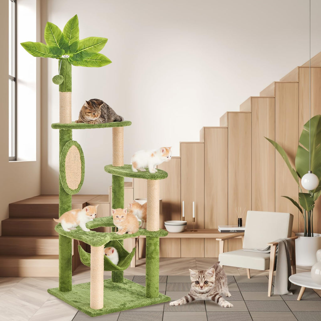 TSCOMON Cat Tree for Indoor Cats, 55 Inch Cat Tower with Rotating Scratching Board, 4 Sisal Posts & Leaf Top Design, Modern Cat Furniture for Multiple Cats (No House), Green
