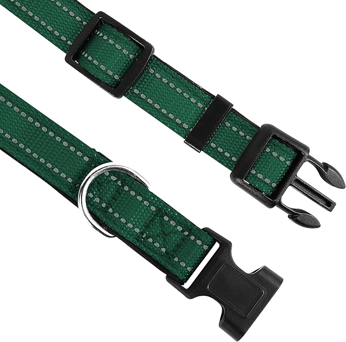 PWOD Reflective Dog Collar, Adjustable Soft Neoprene Padded Nylon Pet Collars with Buckle for Small Dogs, Dark Green,S