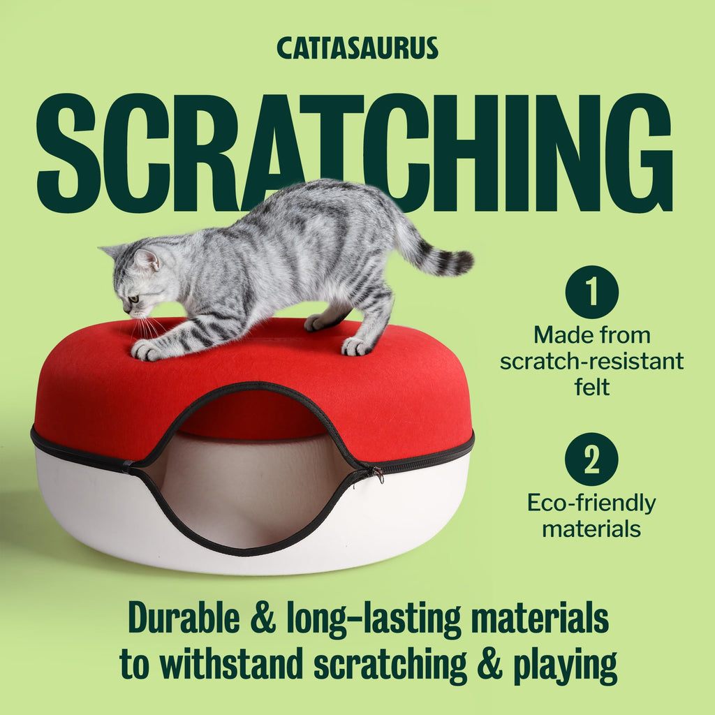 Cattasaurus Peekaboo Cat Cave Donut for Multiple & Large Cats up to 30-45 lbs, 3-in-1 Self Warming Cat Bed, Tunnel & Scratcher for Indoor Cats, Washable & Detachable Dog Bed (Ruby Snowball, Large)