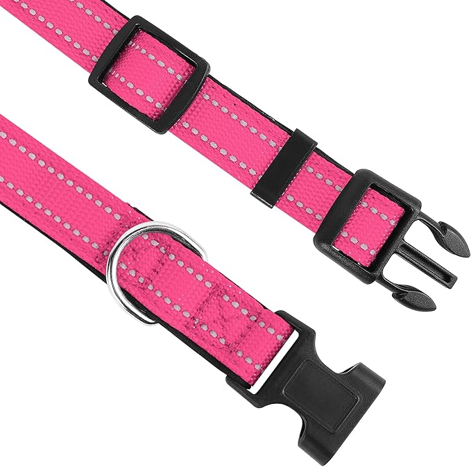PWOD Reflective Dog Collar, Adjustable Soft Neoprene Padded Nylon Pet Collars with Buckle for Extra Large Dogs, Hotpink,XL