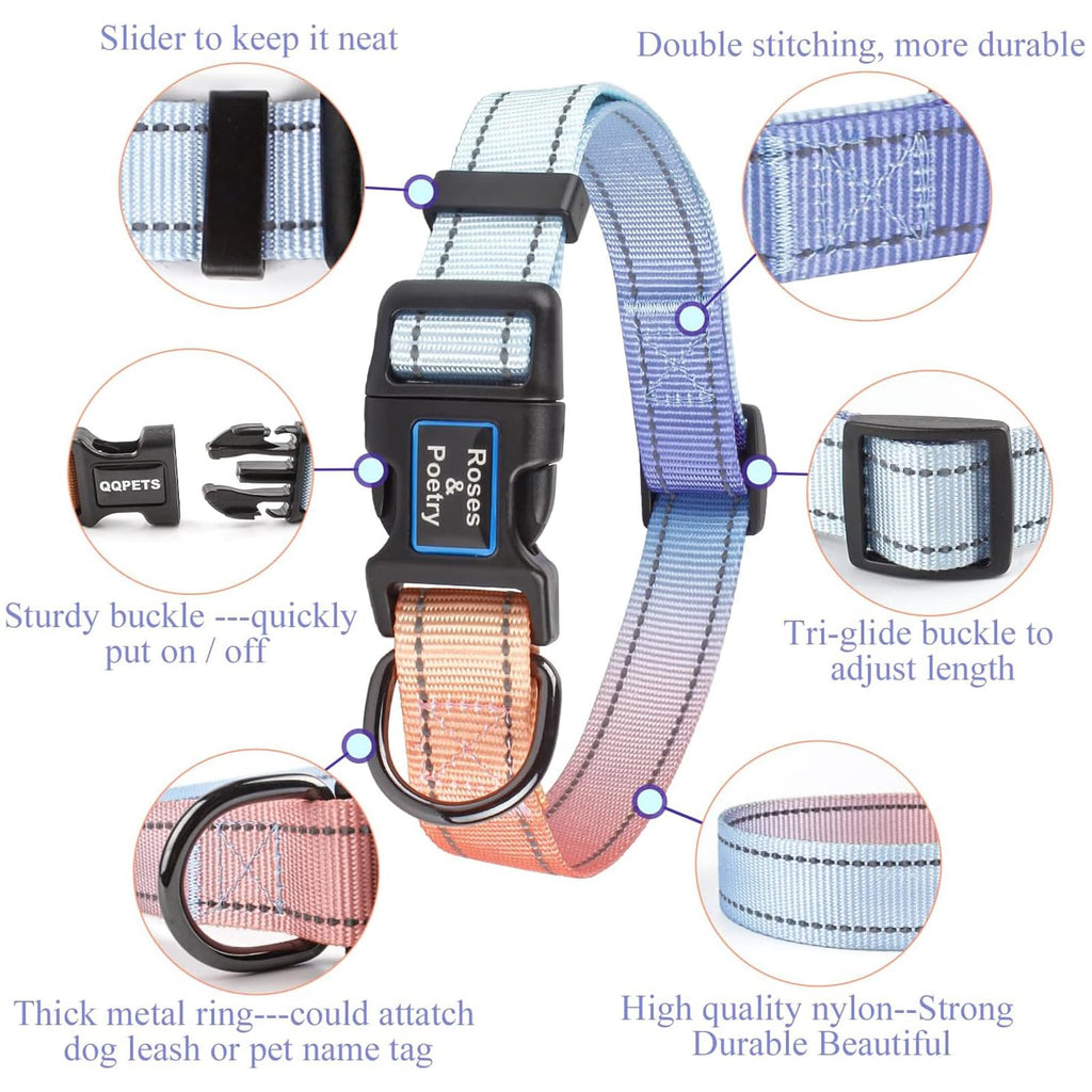 Roses&Poetry Reflective Dog Collar with Gradient Azure, Adjustable Durable Pet Collars for Small Medium Large Dogs (Azure-S)