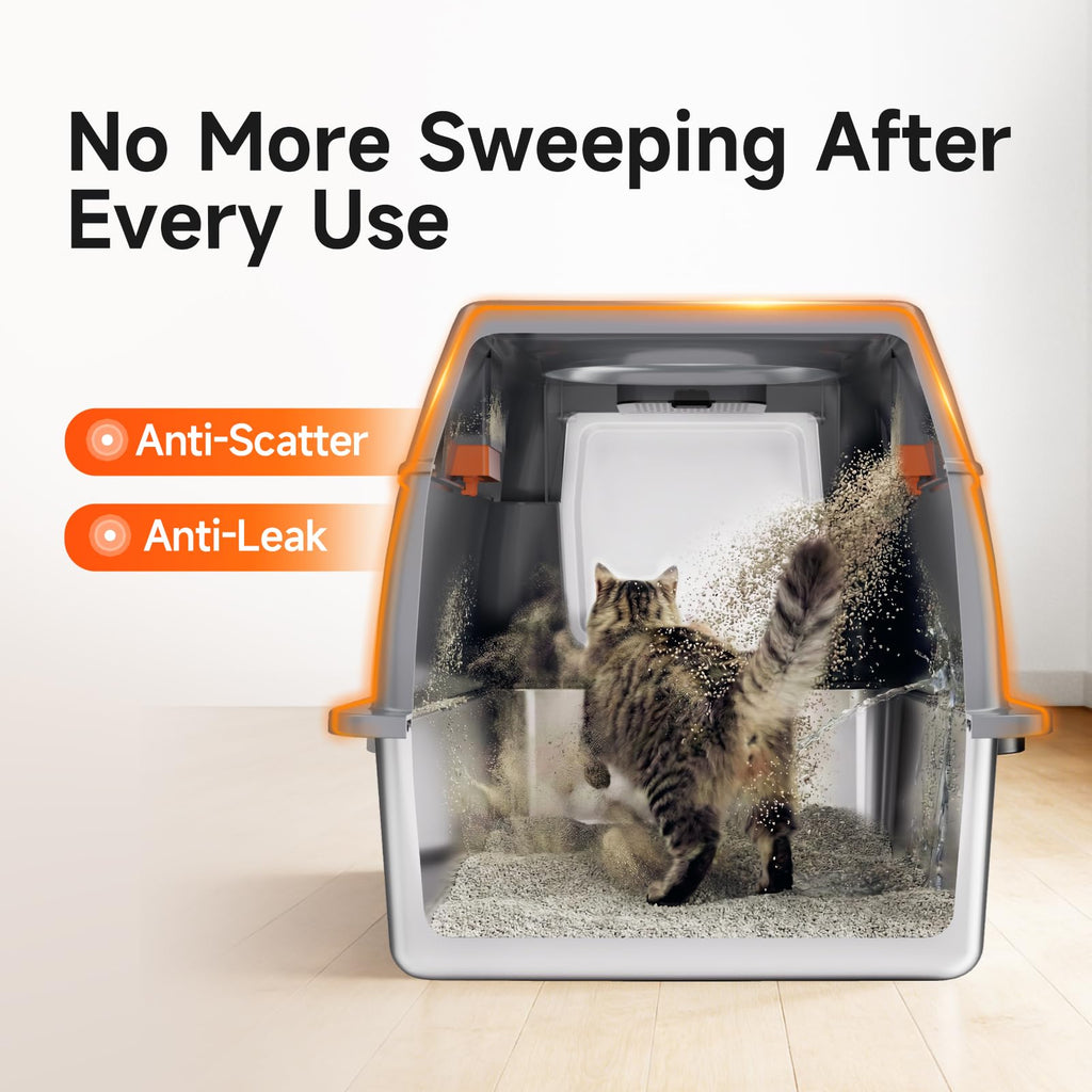 Tevila XL Enclosed Stainless Steel Litter Box with Lid, Dark Gray