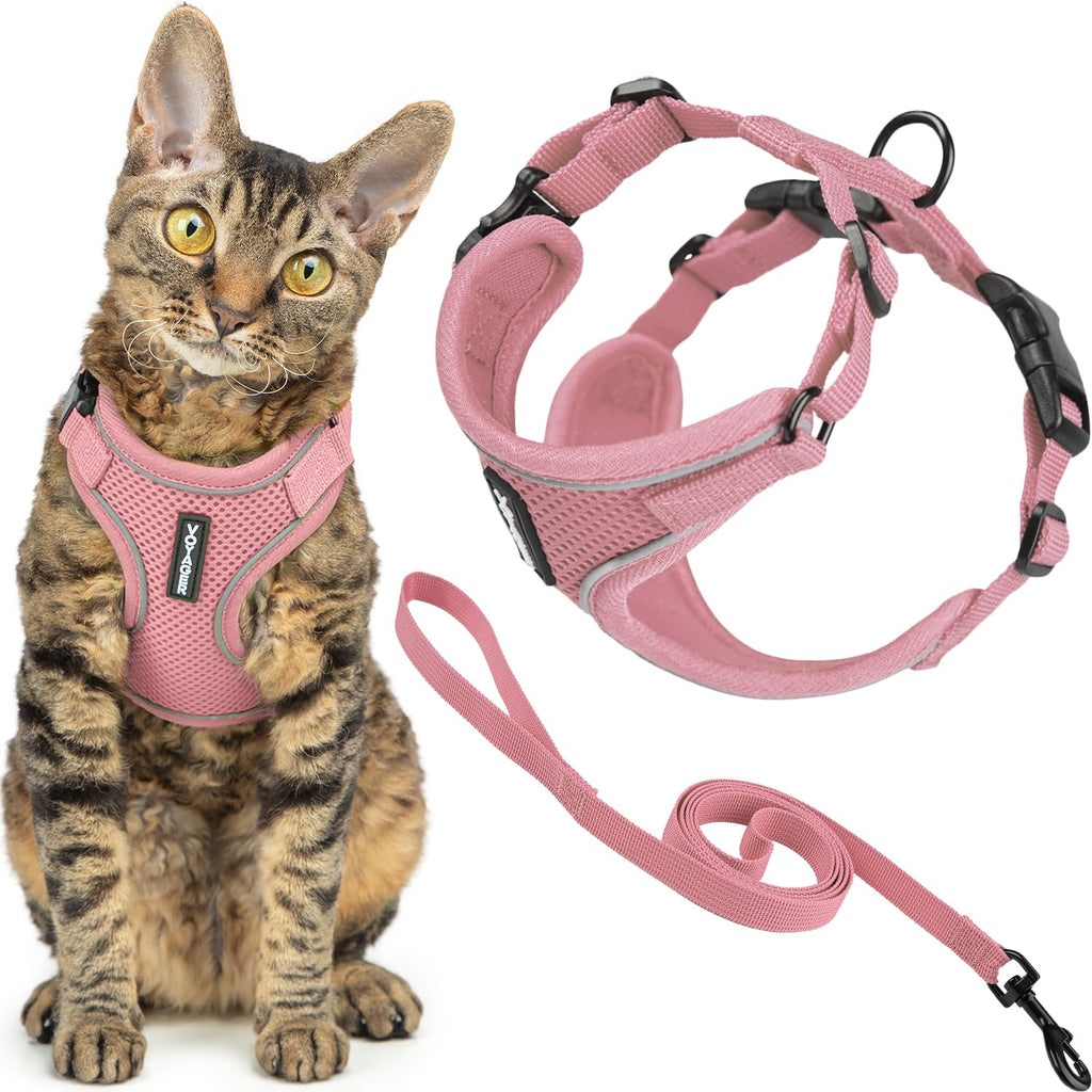 Voyager Escape-Proof Step-in Lock Cat Harness & 5ft Neoprene-Handle Leash Set All-Weather Mesh with Reflective Stitching for Small to Large Cats by Best Pet Supplies, Pink (327), S