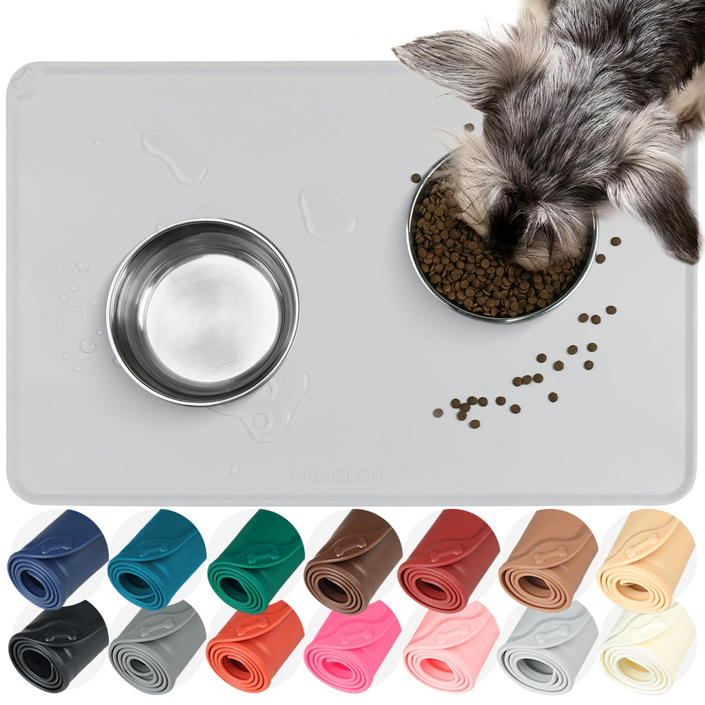 VIVAGLORY Pet Food Mat Flexmat Dog Bowl Mat, L, Light Grey