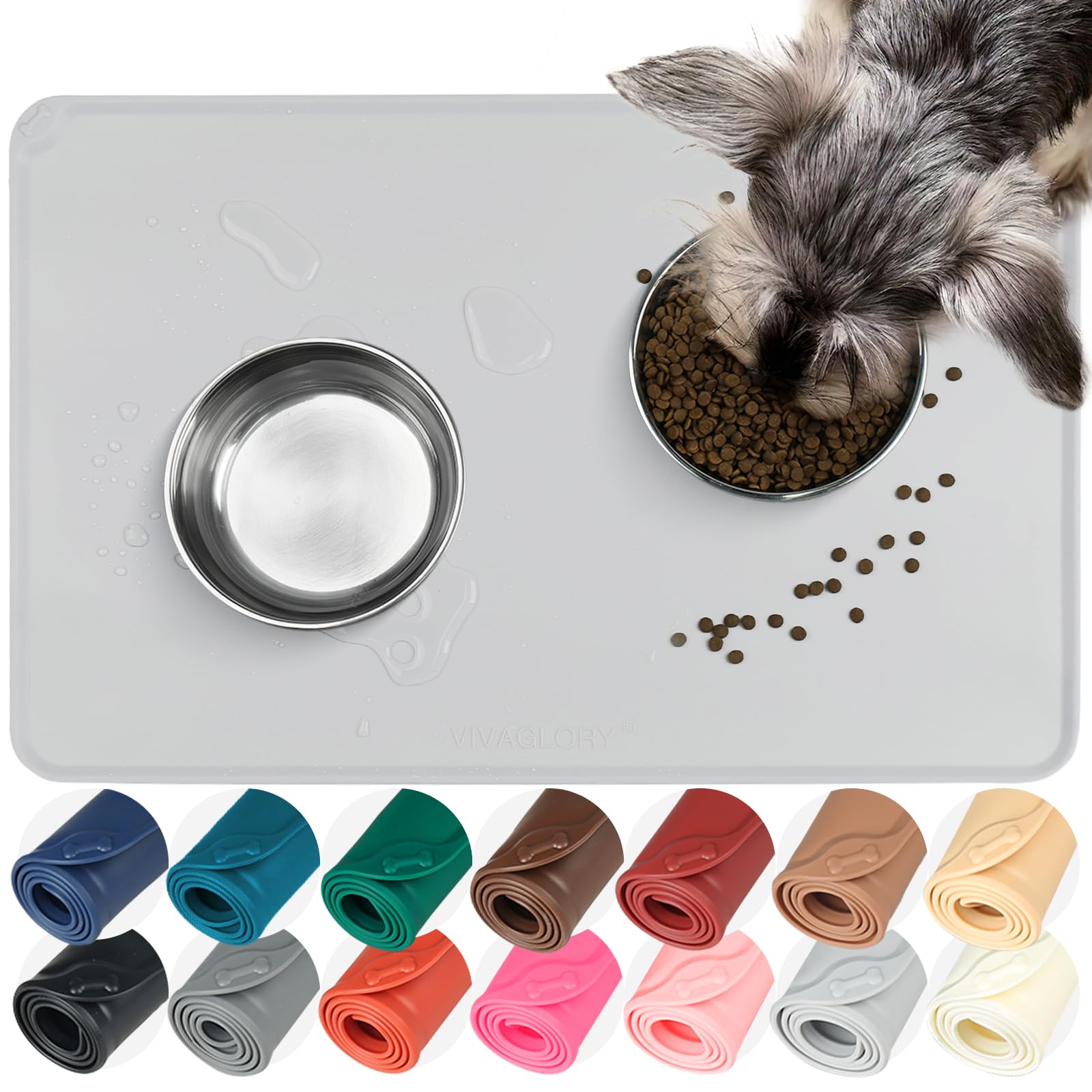 VIVAGLORY Pet Food Mat Flexmat Dog Bowl Mat, L, Light Grey