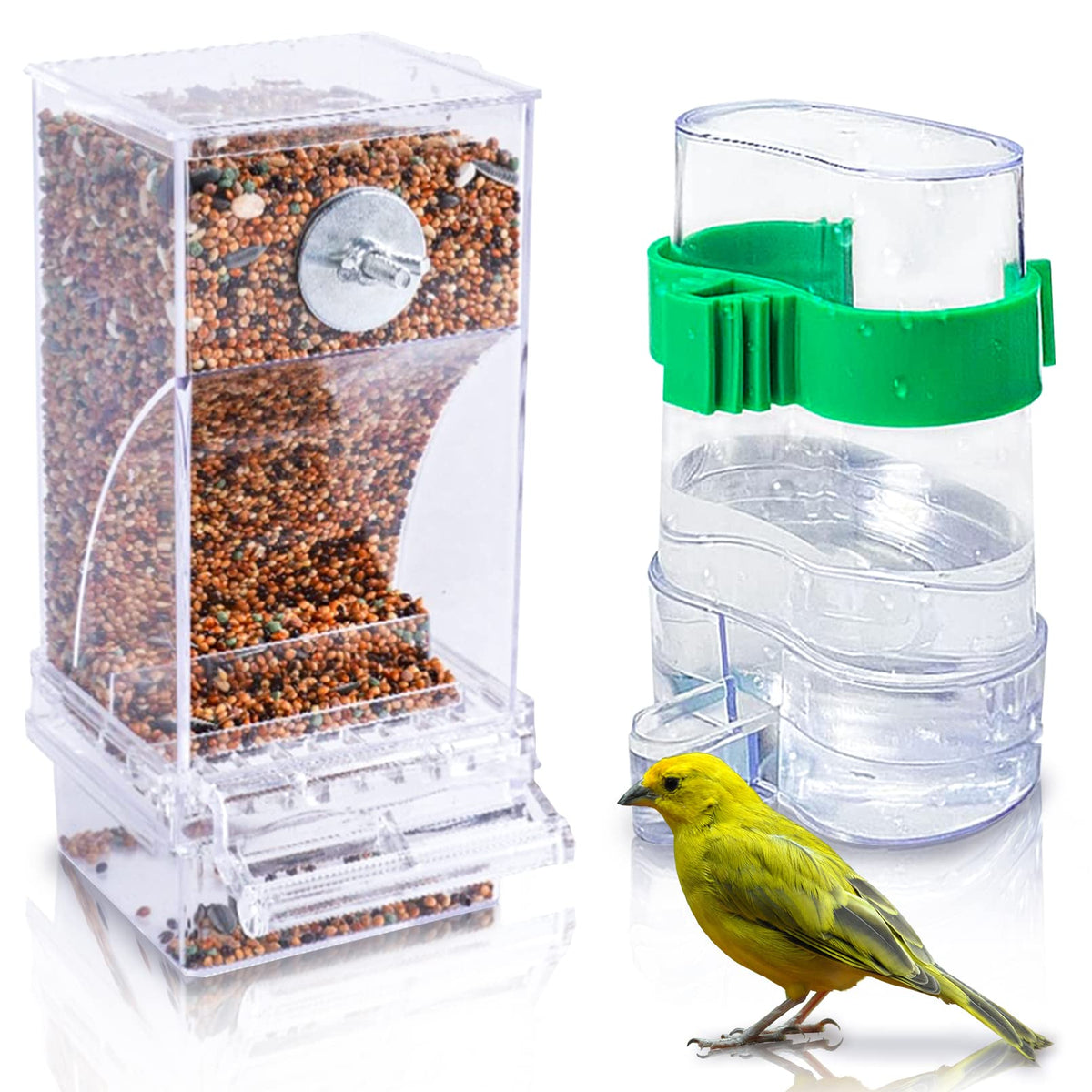 Hamiledyi Automatic Bird Feeder No Mess Bird Cage Feeder Seed Food Container with Perch Transparent Parrot Cage Accessories for Parakeets, Budgies, Cockatoos, Finches, Lovebirds, Canaries (Green)