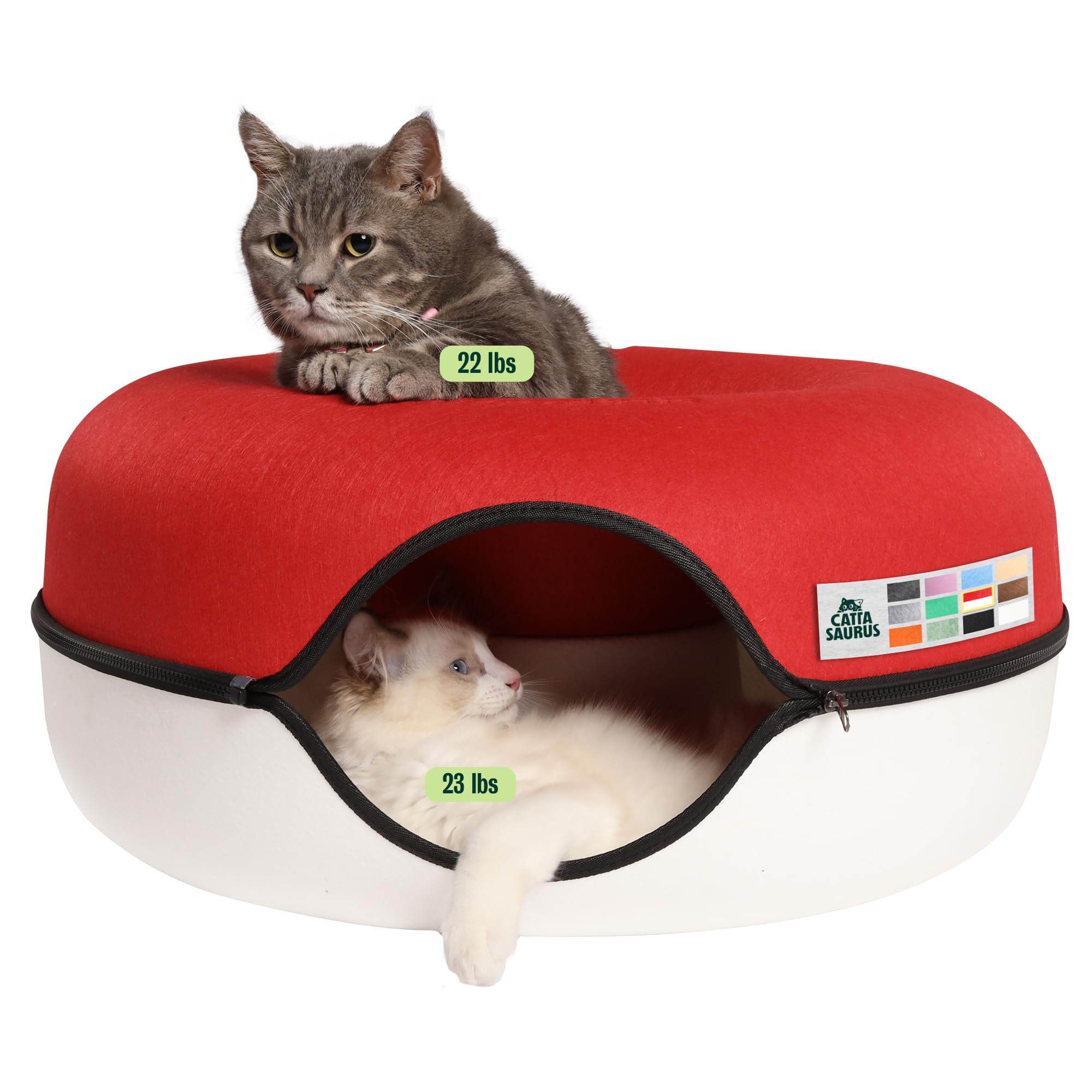 Cattasaurus Peekaboo Cat Cave Donut for Multiple & Large Cats up to 30-45 lbs, 3-in-1 Self Warming Cat Bed, Tunnel & Scratcher for Indoor Cats, Washable & Detachable Dog Bed (Ruby Snowball, Large)