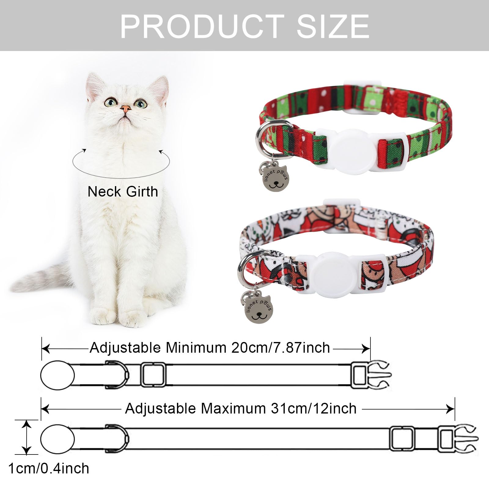 Lionet Paws 2pcs Pack Cotton Cat Collar,Breakaway Buckle Christmas Cat Colar with Santa,Red Green Dot Cute Adjustable Cat Kitten Collar,Ideal for Boy Cats