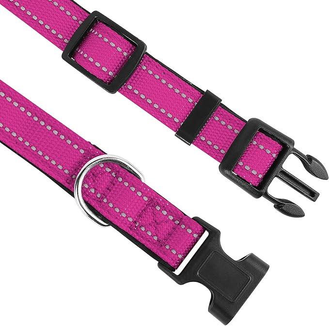 PWOD Reflective Dog Collar, Adjustable Soft Neoprene Padded Nylon Pet Collars with Buckle for Medium Dogs, Rose Red,M