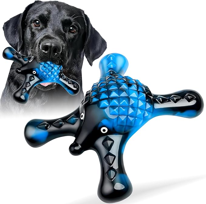Ouilter Dog Toys for Aggressive Chewers, Nylon Indestructible Toy for Medium Large Dogs, Hedgehog-Shaped Chew Toys with Bacon Flavor, Long Lasting, Dog Toys for Boredom, Blue