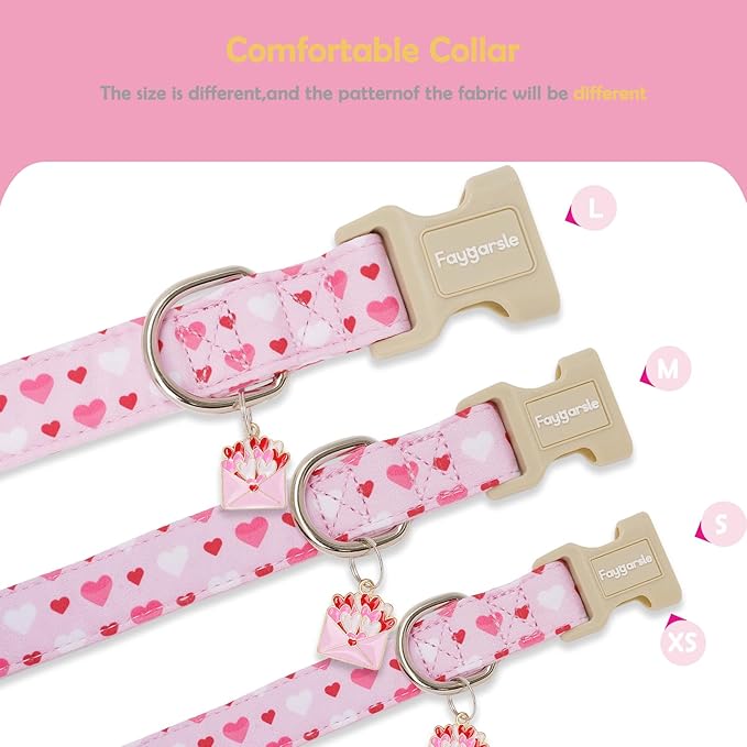 Faygarsle Valentine's Day Dog Collar, Pink with Red and White Hearts Pattern, Heart Charm, M