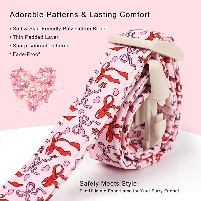 Babole Pet Girl Dog Collar for Small Dogs - Cute Heart Bow Print Girly Dog Collars, Soft Adjustable Spring/Summer Holiday Female Dogs Collar with Quick-Release Buckle XS