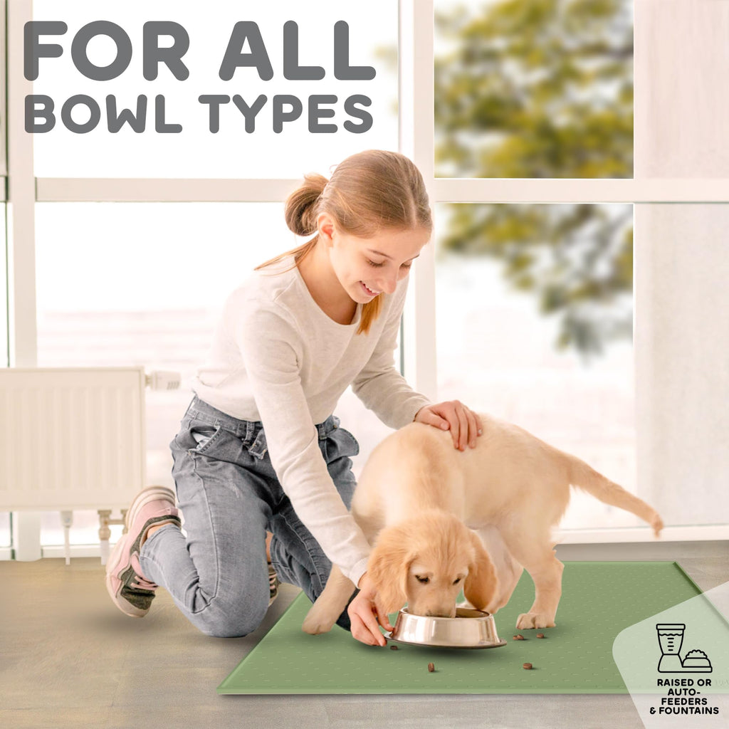 Dog Food Mat - 24x15 Raised Edges Dogs Mat for Food and Water Prevent Spill, Waterproof Cat Food Mats Protect Floors, Easy Clean Dog Bowl Mats for Food and Water, Silicone Pet Feeding Placemats Green
