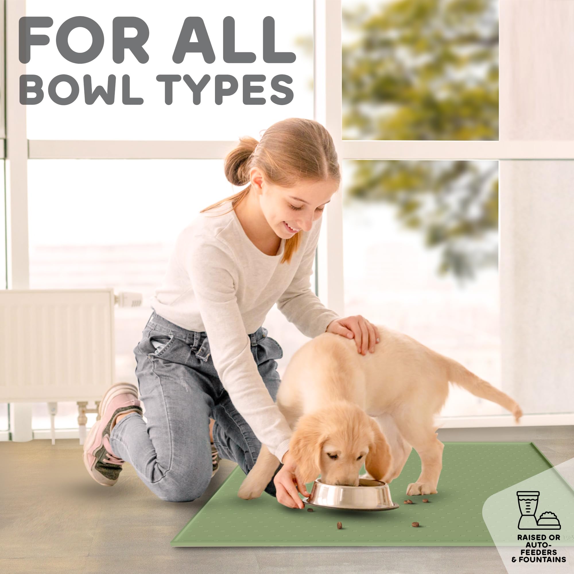 Dog Food Mat - 24x15 Raised Edges Dogs Mat for Food and Water Prevent Spill, Waterproof Cat Food Mats Protect Floors, Easy Clean Dog Bowl Mats for Food and Water, Silicone Pet Feeding Placemats Green