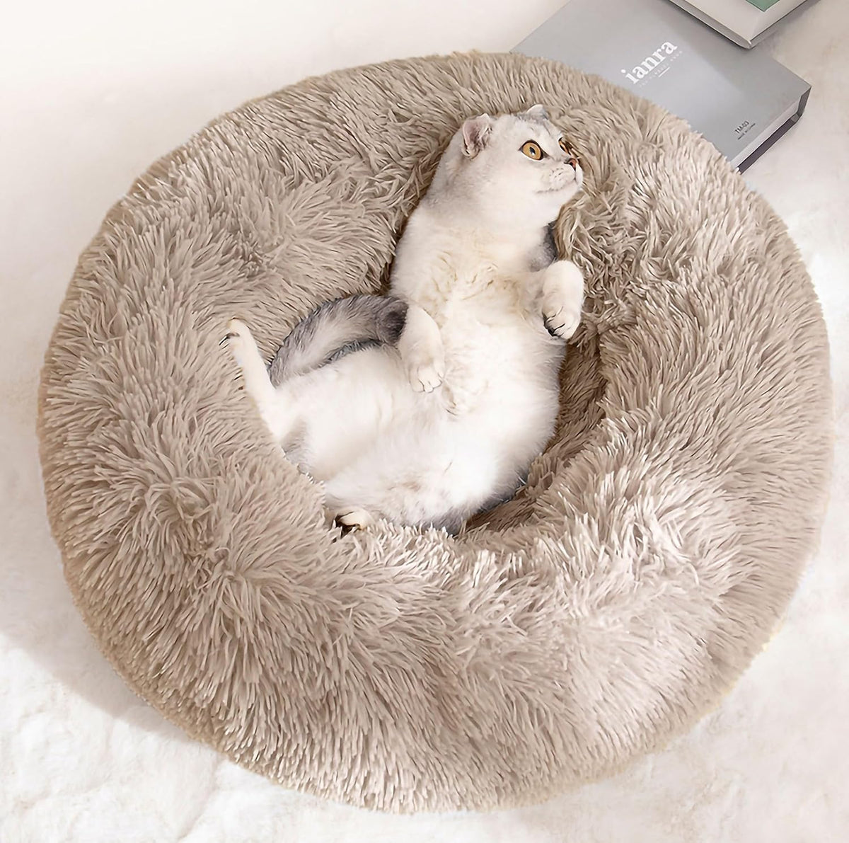 Purrfect Cat Beds - Washable 20 inches, Anti-Anxiety Round Plush Faux Fur, Thick Bottom (Purple, Medium) - Suitable for Indoor Cats & Small/Medium Dogs