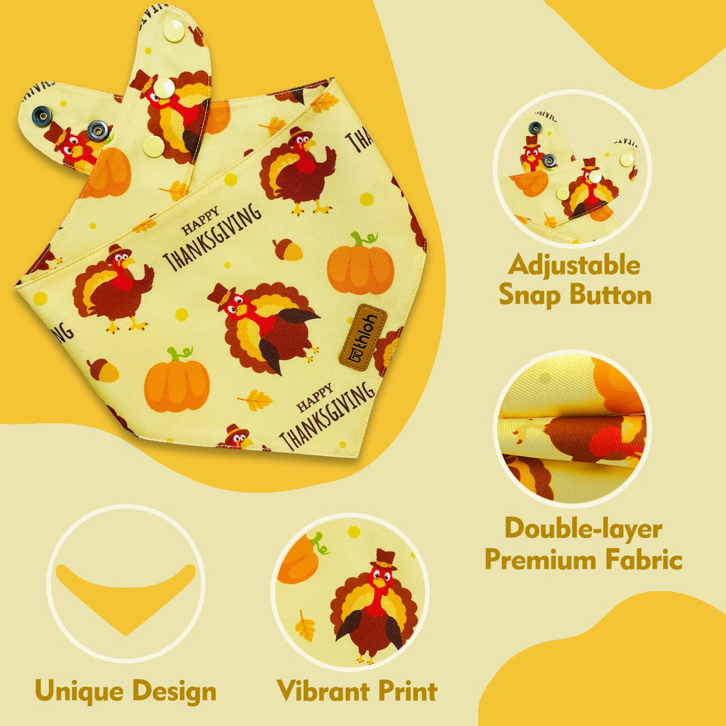 THLOH Thanksgiving Dog Bandanas with Snap Button, 2 Pack Adjustable Fall Bandanas for Small, Medium, and Large Dogs, Pumpkin Pet Scarf for Autumn Costume Accessory & Photo Shoot (Large)