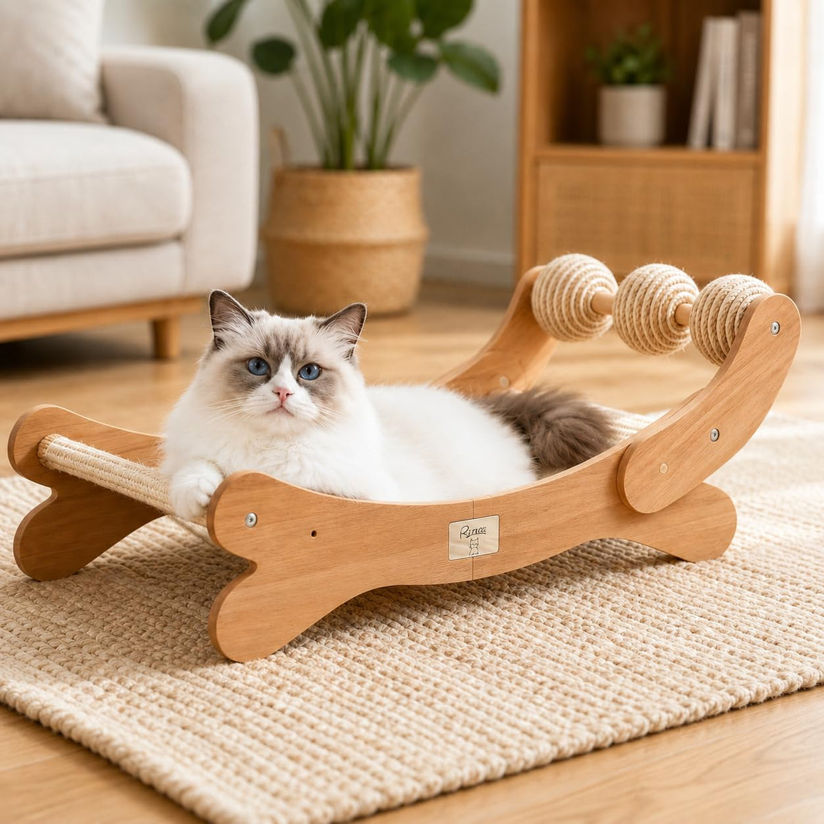 RizzQi Sisal Cat Scratcher Bed with 3 Balls, Wood Hammock for Indoor Cats